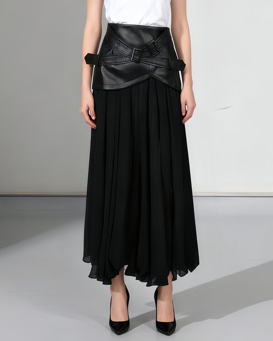 Black Faux Leather Buckle Chiffon Midi Skirt