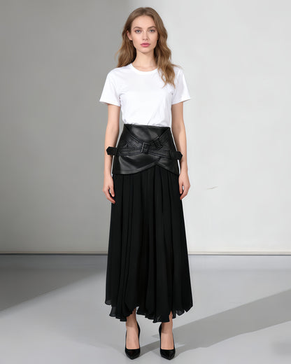 Black Faux Leather Buckle Chiffon Midi Skirt