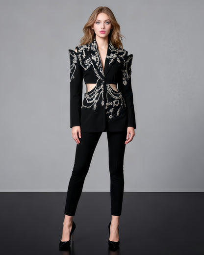 Black Hollow-Out Blazer with Rhinestone Embellishments