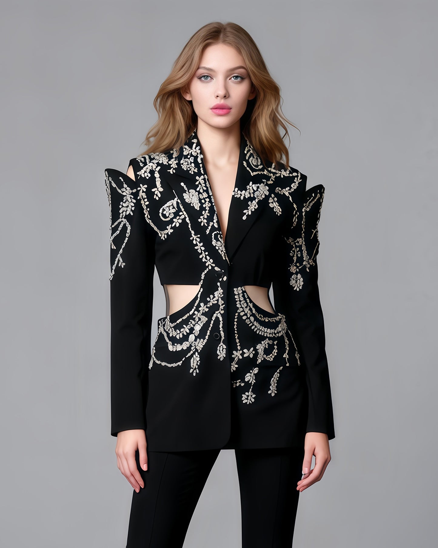 Black Hollow-Out Blazer with Rhinestone Embellishments