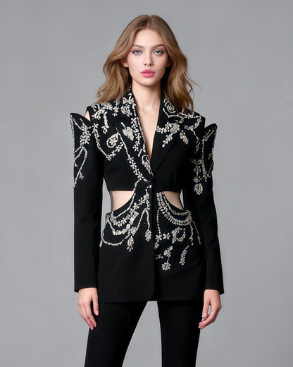 Black Hollow-Out Blazer with Rhinestone Embellishments