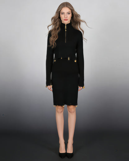 Black Knit Set with Gold Charm & Half-Zip