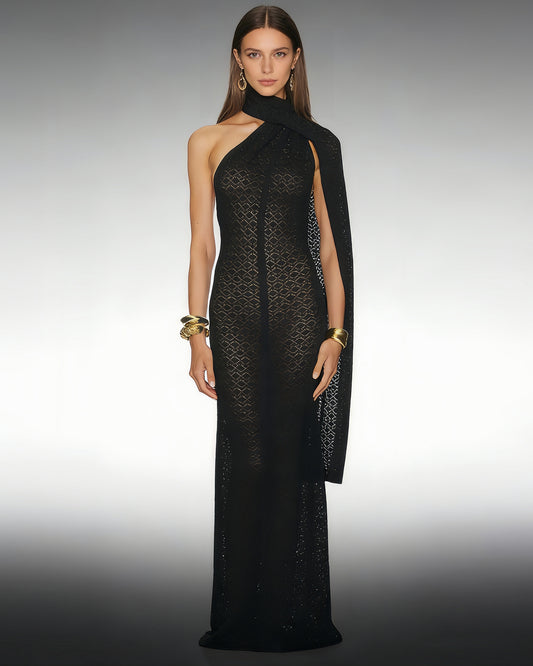 Black Lace Halter Maxi Dress with Scarf