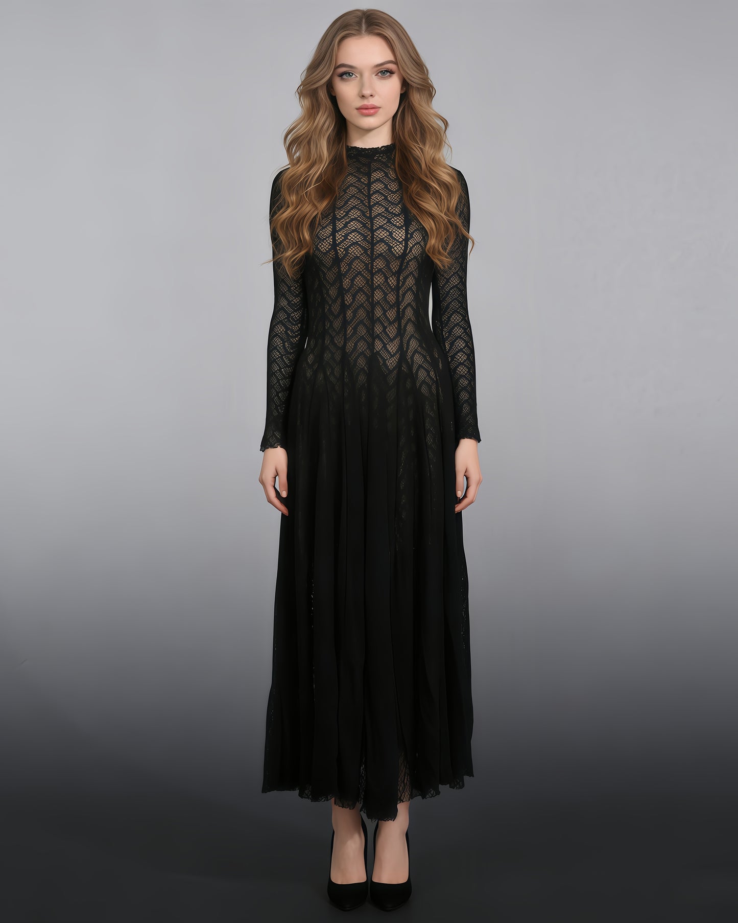 Black Lace Maxi Dress with Long Sleeve & Sheer Design
