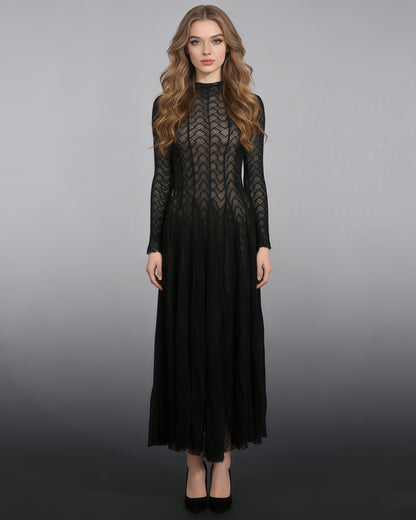 Black Lace Maxi Dress with Long Sleeve & Sheer Design
