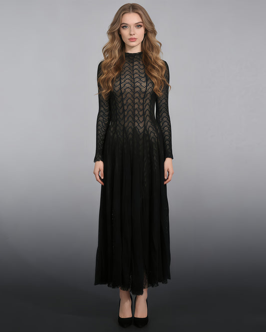 Black Lace Maxi Dress with Long Sleeve & Sheer Design