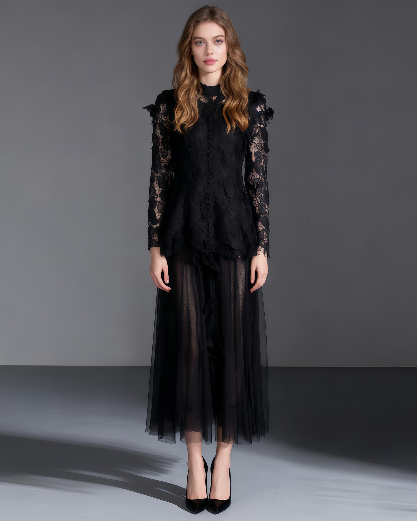 Black Lace Top & Tulle Skirt Two-Piece Set