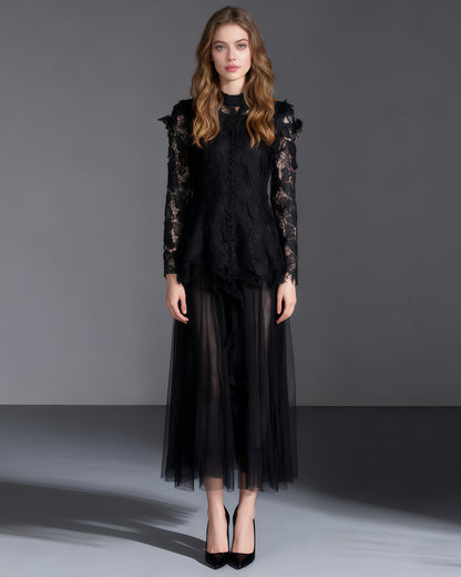 Black Lace Top & Tulle Skirt Two-Piece Set