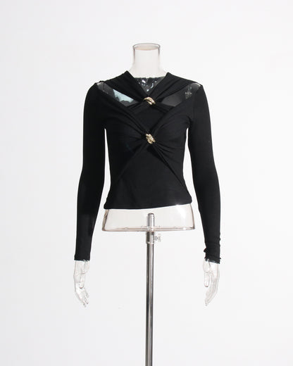 Black Long Sleeve Top with Gold Ring & Cutout