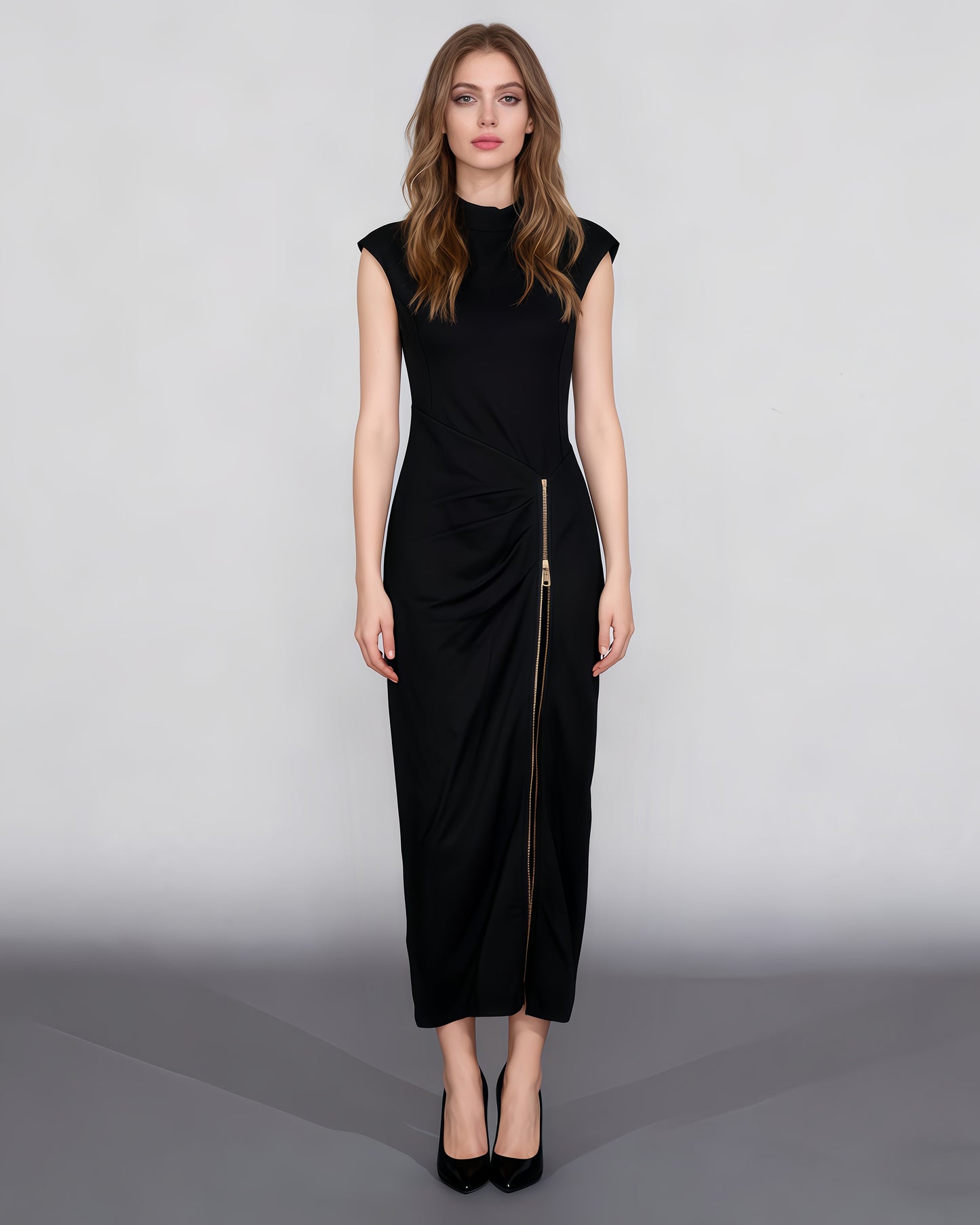Black Maxi Dress with Gold Zipper & High Neck