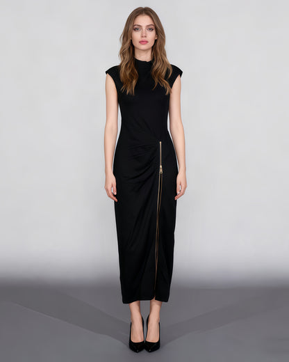 Black Maxi Dress with Gold Zipper & High Neck
