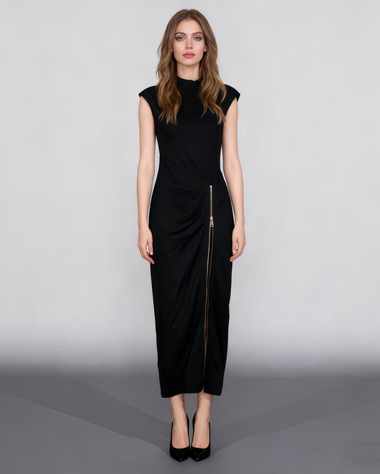 Black Maxi Dress with Gold Zipper & High Neck