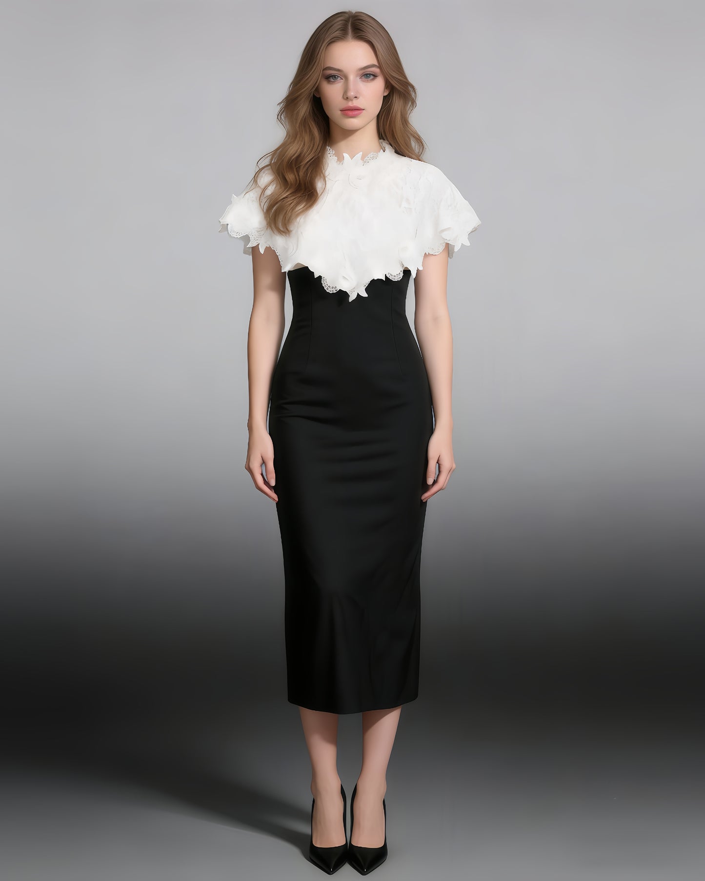 Black Midi Dress with White Lace Capelet Set