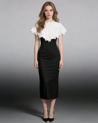 Black Midi Dress with White Lace Capelet Set