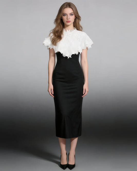 Black Midi Dress with White Lace Capelet Set