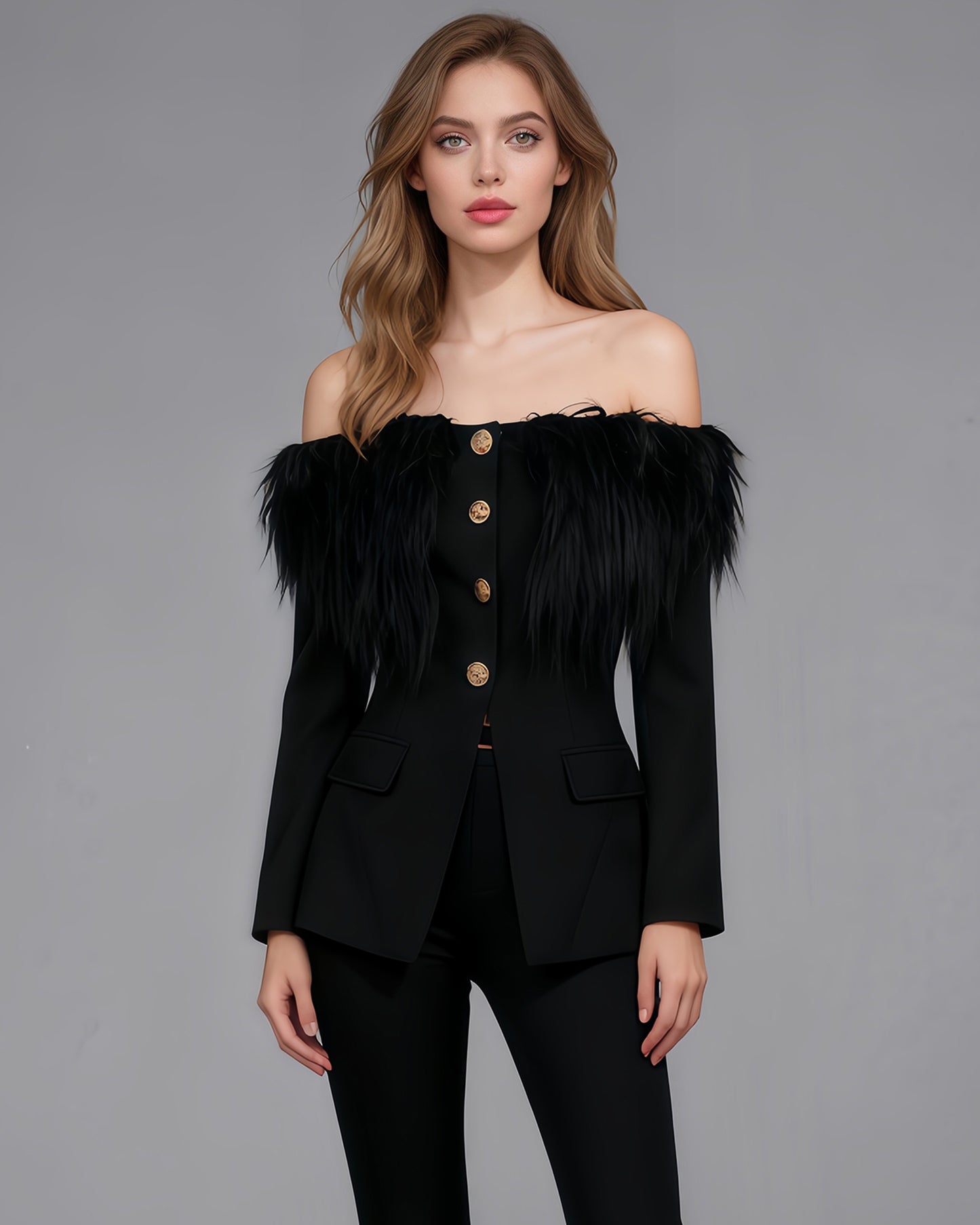 Black Off-Shoulder Feather-Trimmed Jacket with Gold Buttons