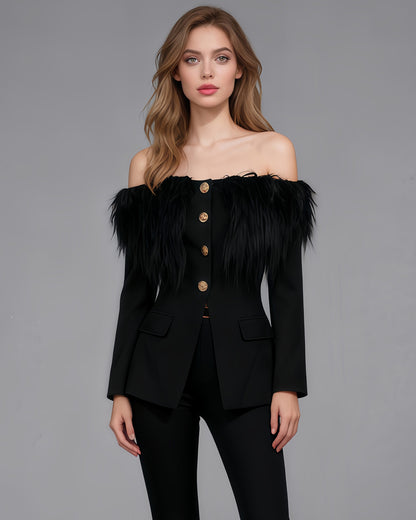 Black Off-Shoulder Feather-Trimmed Jacket with Gold Buttons