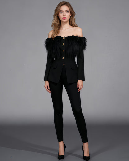 Black Off-Shoulder Feather-Trimmed Jacket with Gold Buttons