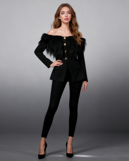 Black Off-Shoulder Feather-Trimmed Jacket with Gold Buttons