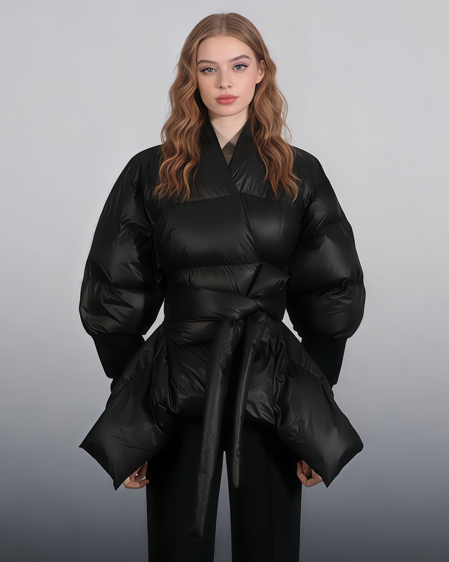 Black Puffy Wrap Puffer Jacket with Bow Tie Waist