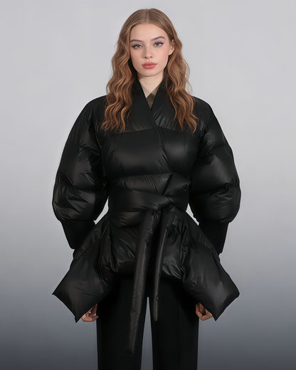 Black Puffy Wrap Puffer Jacket with Bow Tie Waist