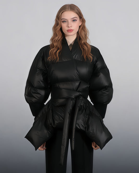 Black Puffy Wrap Puffer Jacket with Bow Tie Waist
