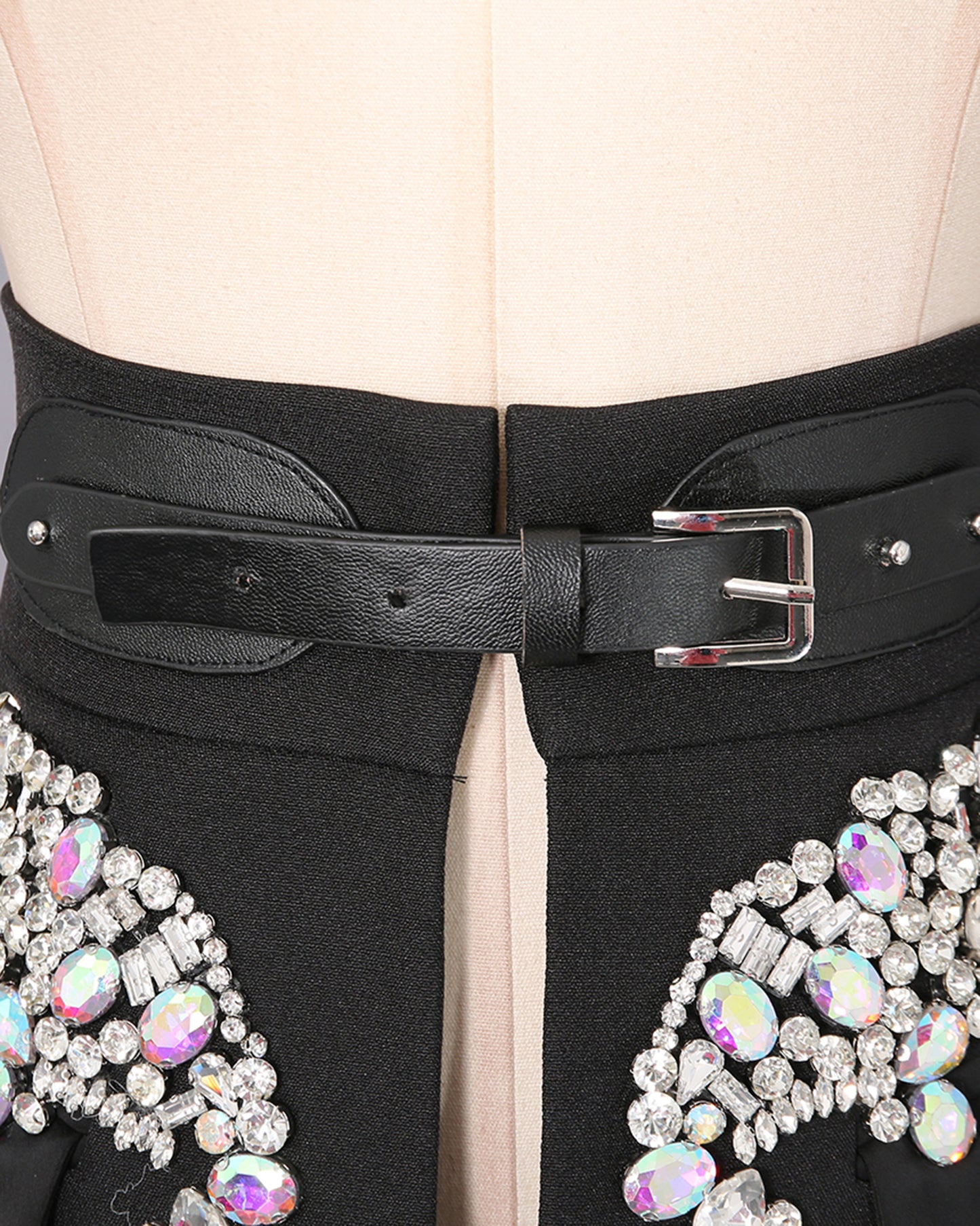 Black Rhinestone Embellished Belted Mini Skirt