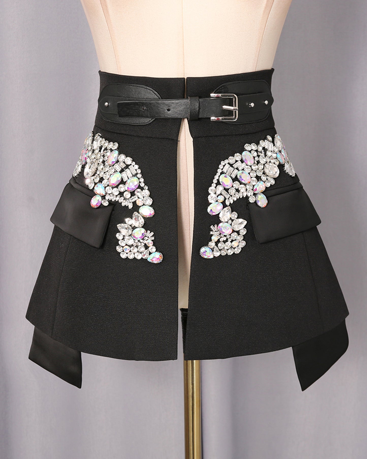 Black Rhinestone Embellished Belted Mini Skirt