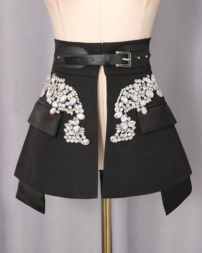 Black Rhinestone Embellished Belted Mini Skirt