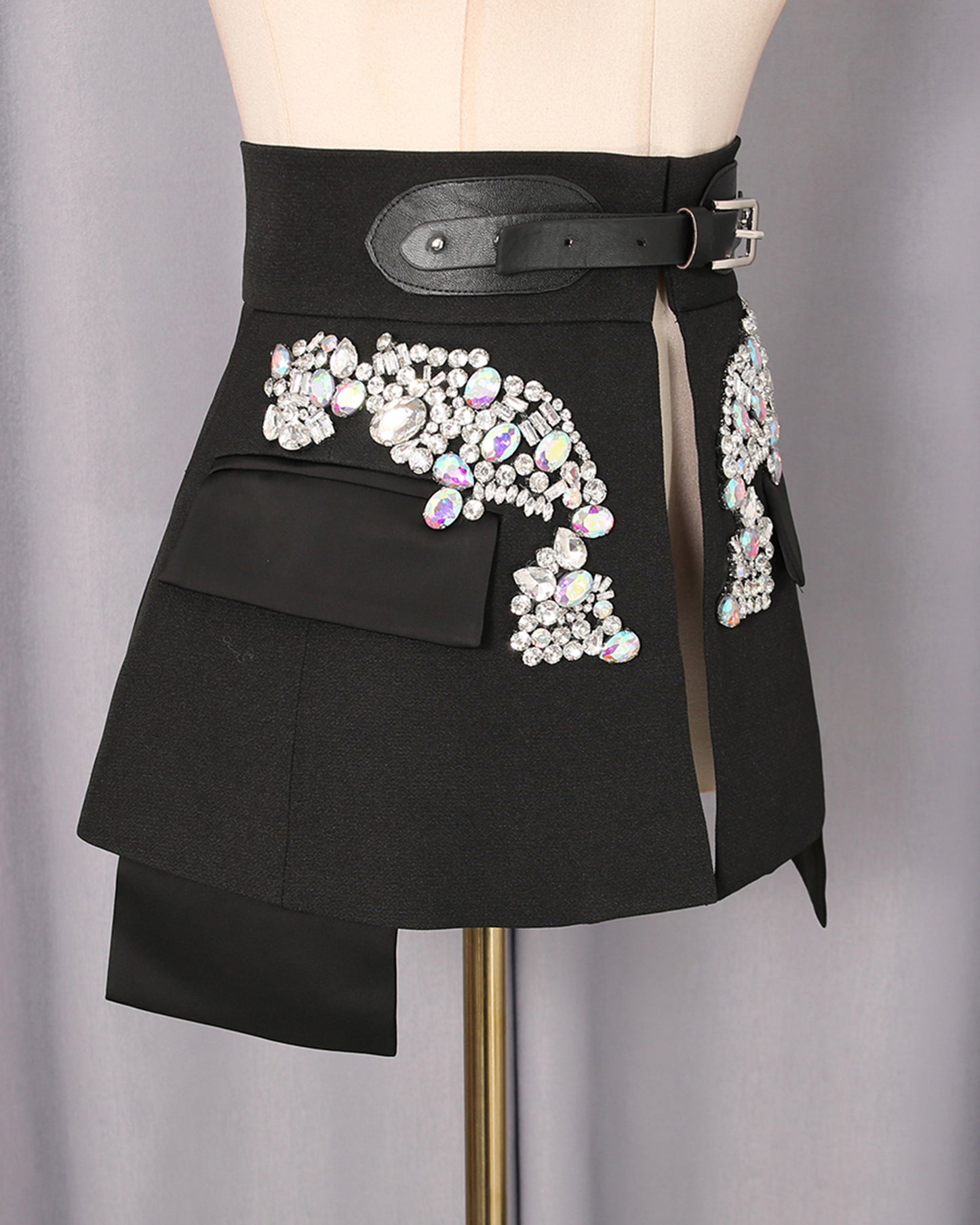 Black Rhinestone Embellished Belted Mini Skirt