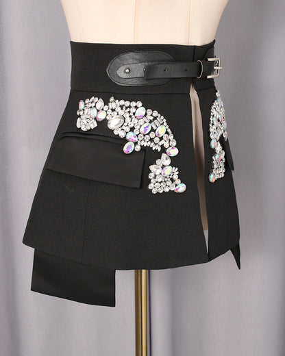 Black Rhinestone Embellished Belted Mini Skirt