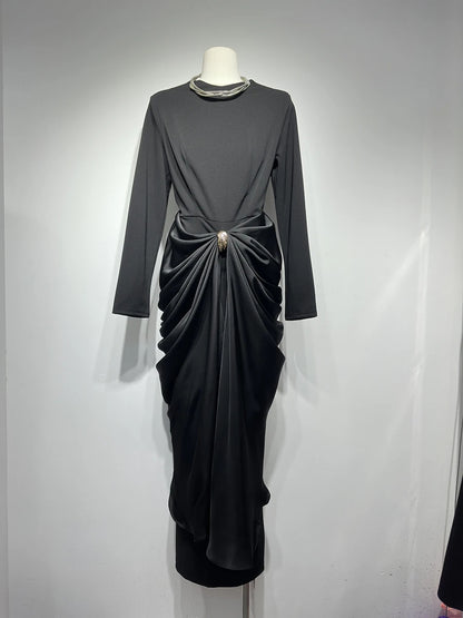 Black Ruched Fitted Midi Dress