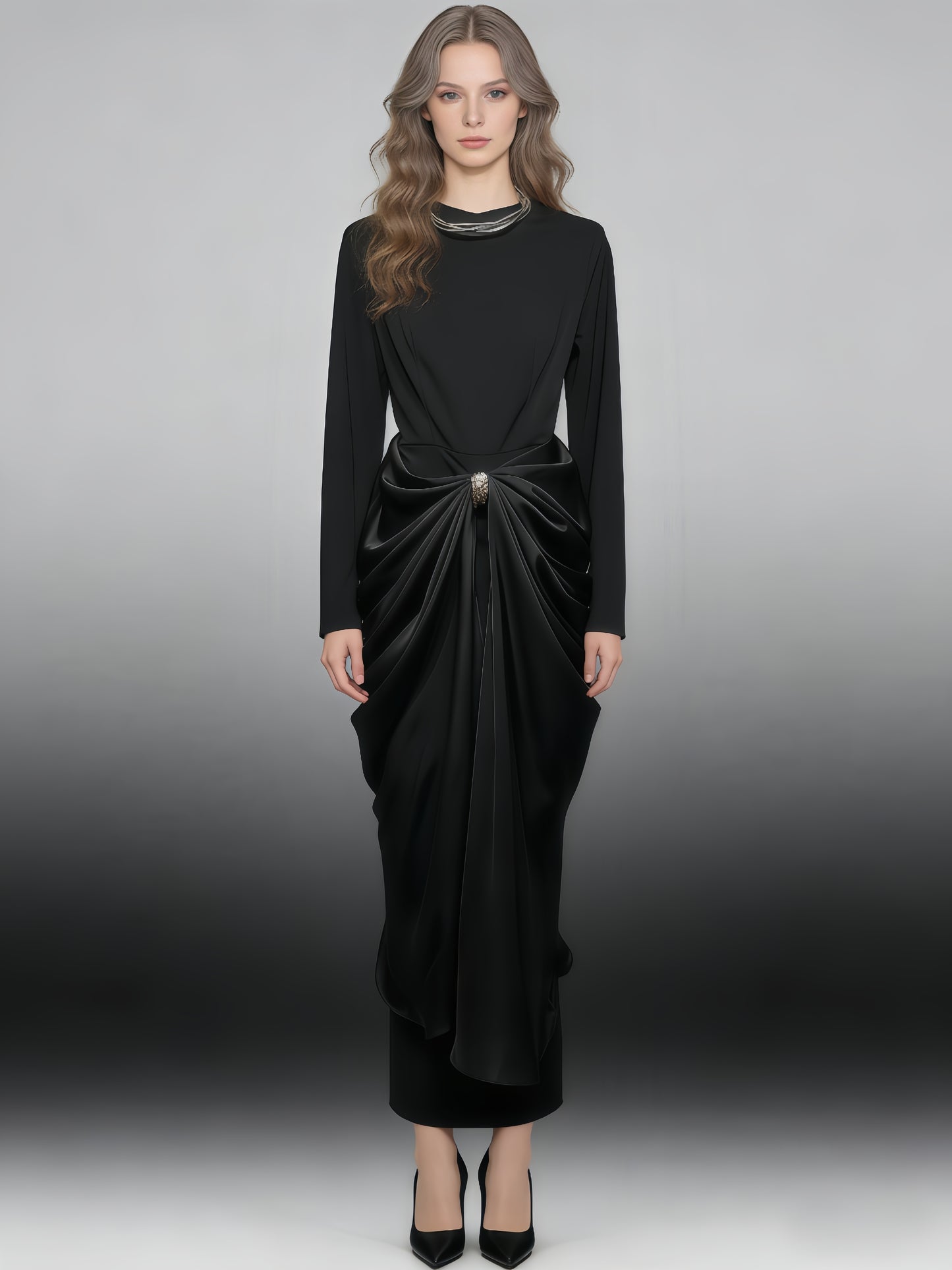 Black Ruched Fitted Midi Dress