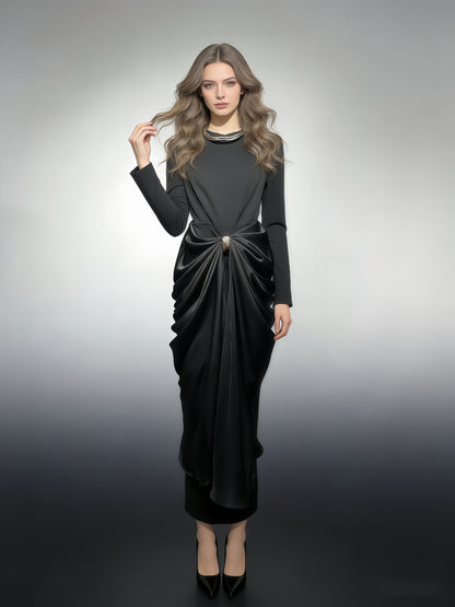 Black Ruched Fitted Midi Dress