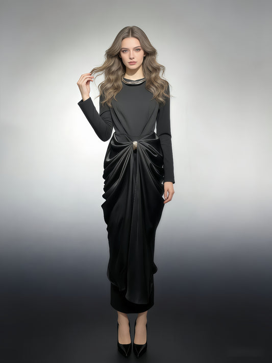 Black Ruched Fitted Midi Dress
