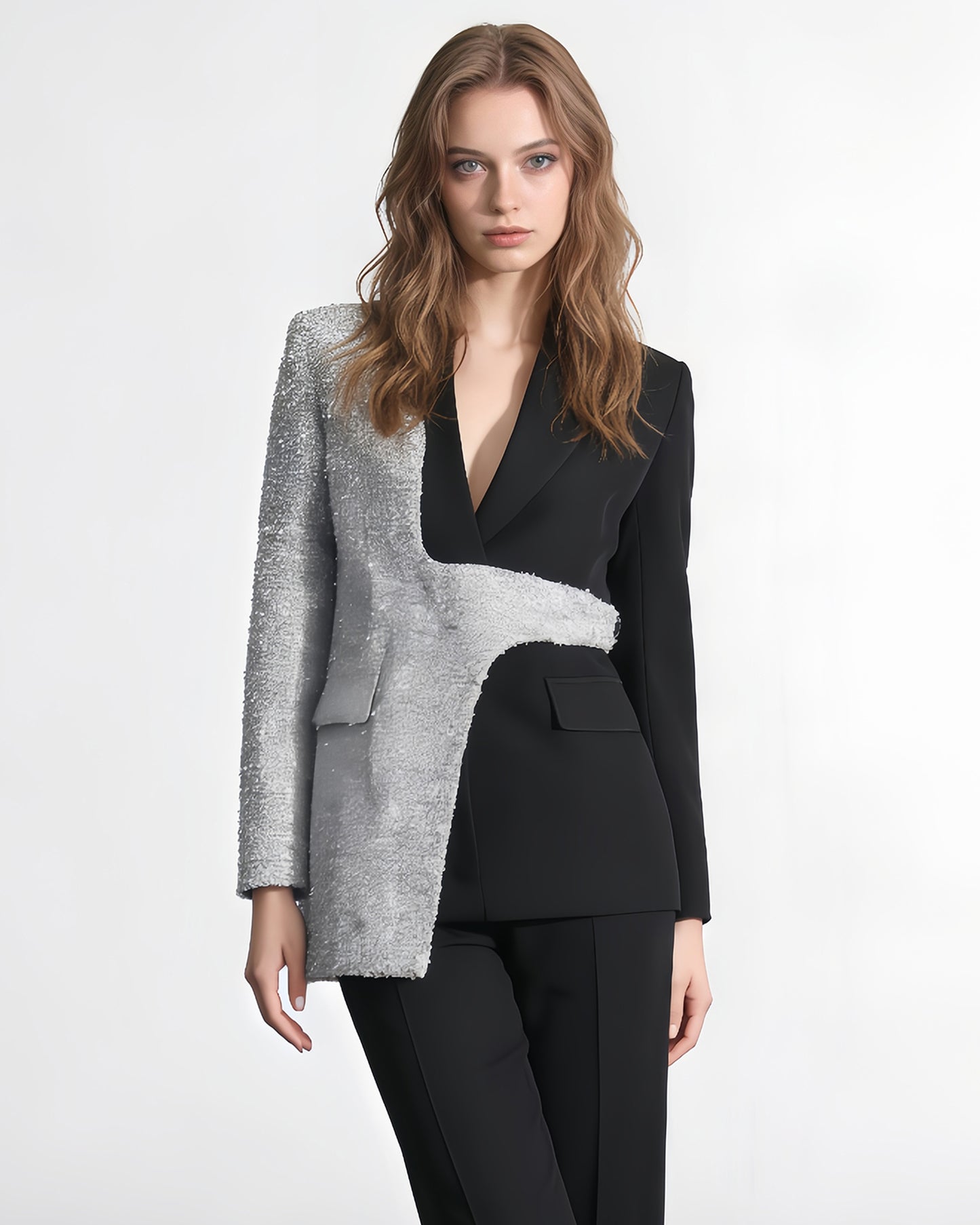 Black & Silver Sequin Blazer Asymmetric Design
