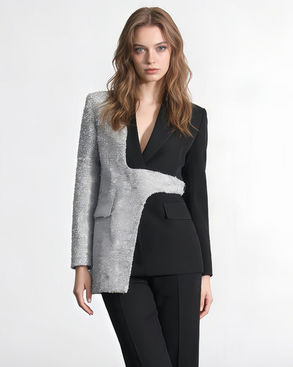 Black & Silver Sequin Blazer Asymmetric Design