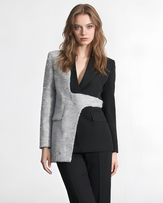 Black & Silver Sequin Blazer Asymmetric Design