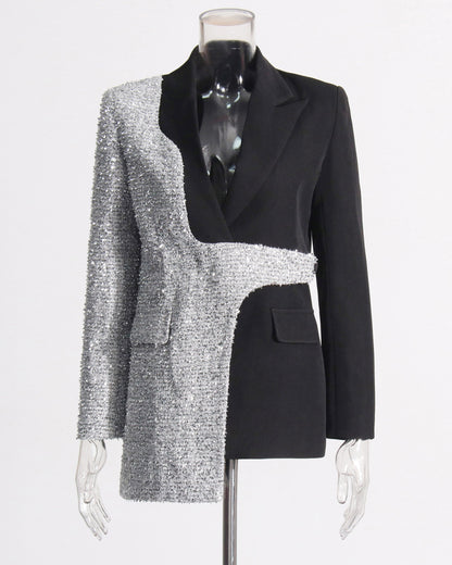 Black & Silver Sequin Blazer Asymmetric Design
