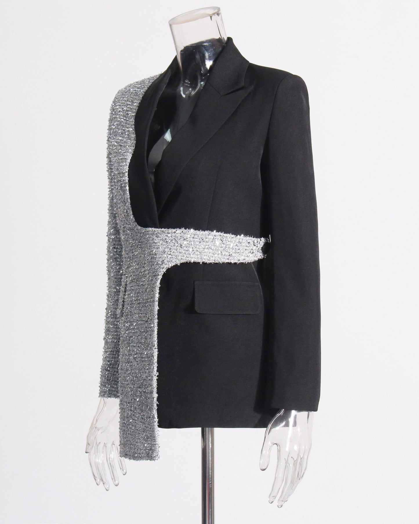 Black & Silver Sequin Blazer Asymmetric Design