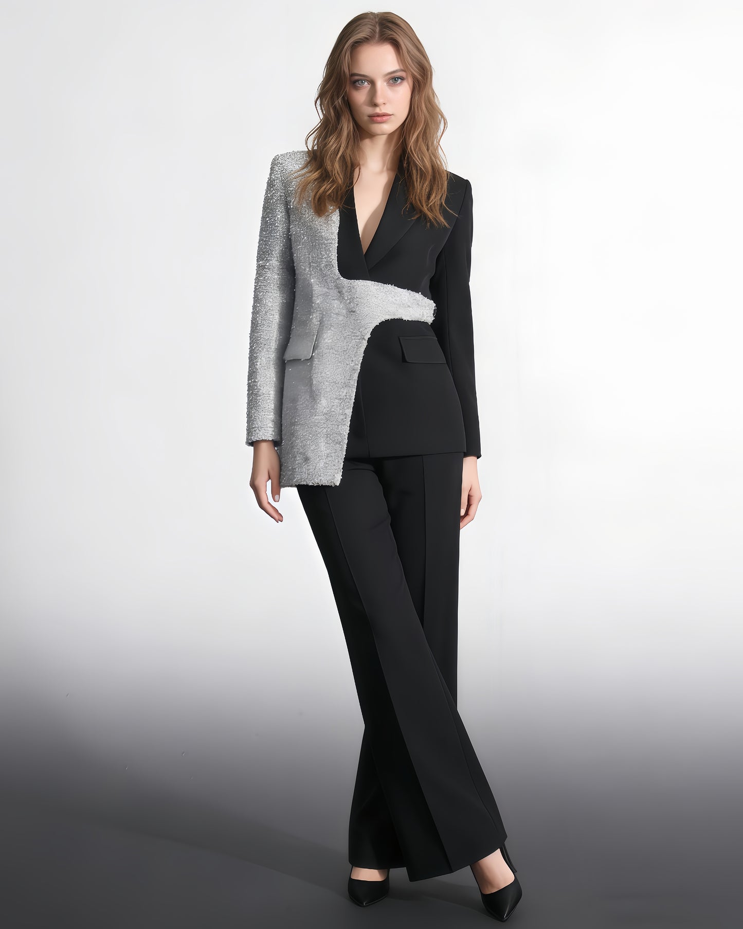 Black & Silver Sequin Blazer Asymmetric Design