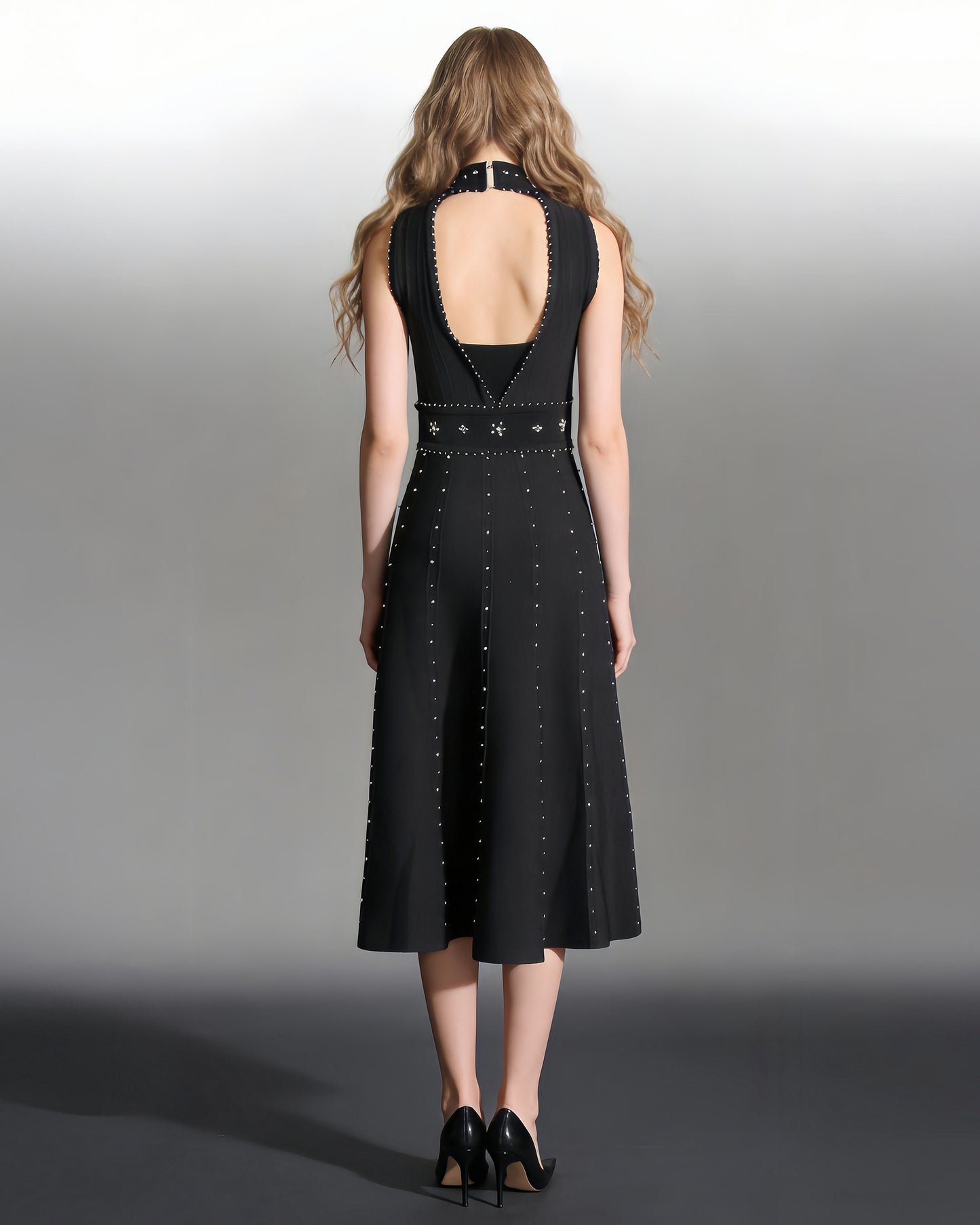 Black Sleeveless Midi Dress with Beaded & Studded