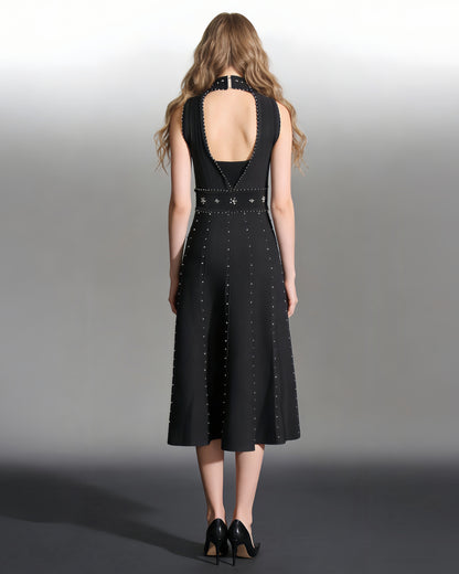 Black Sleeveless Midi Dress with Beaded & Studded