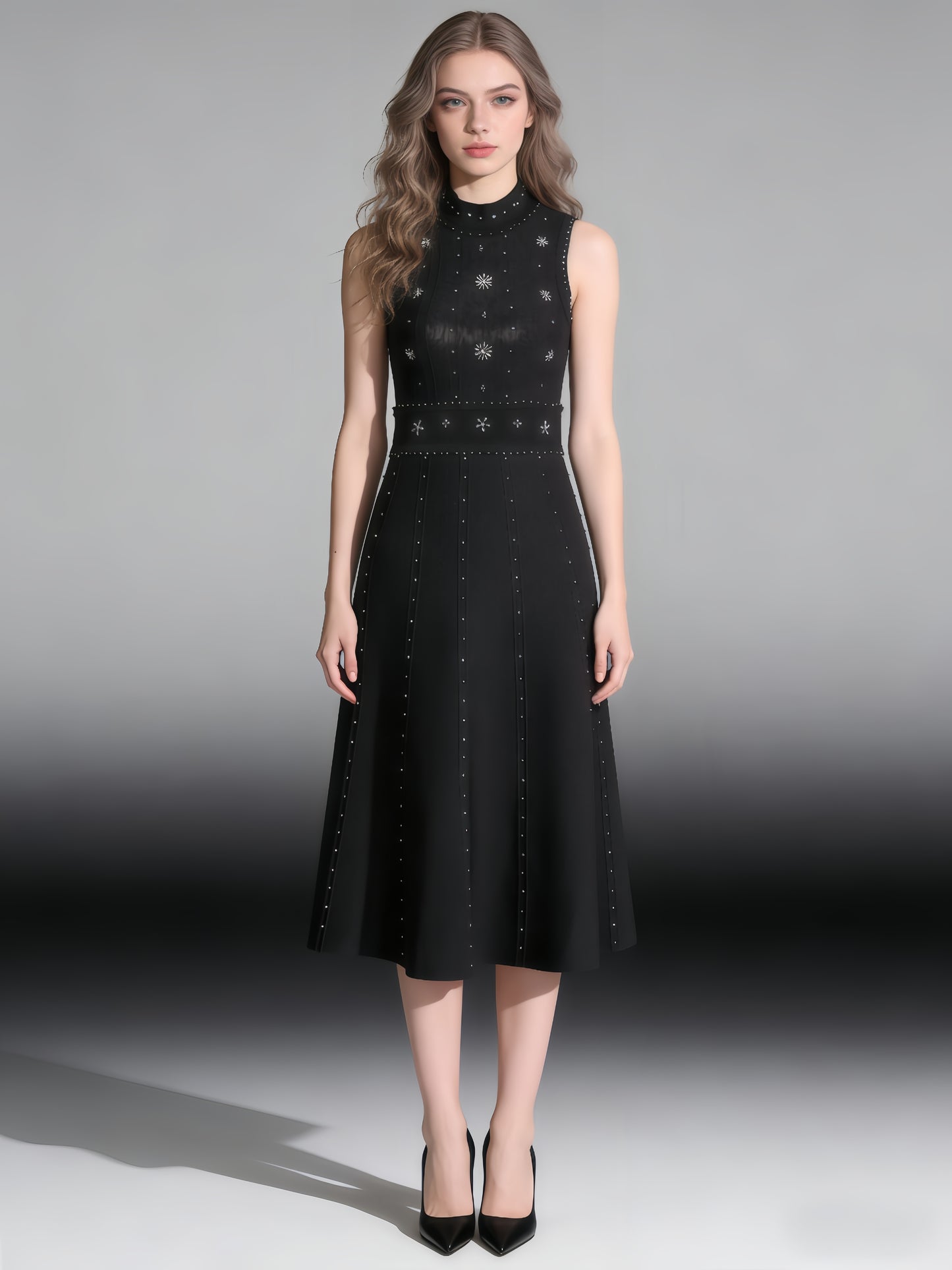 Black Sleeveless Midi Dress with Beaded & Studded