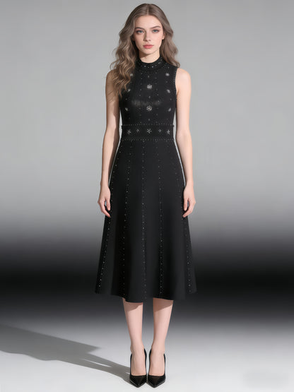 Black Sleeveless Midi Dress with Beaded & Studded