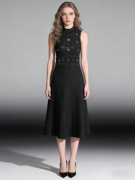 Black Sleeveless Midi Dress with Beaded & Studded