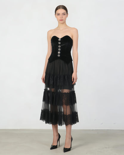 Black Strapless Lace Tiered Maxi Dress