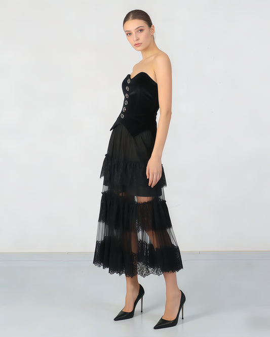 Black Strapless Lace Tiered Maxi Dress