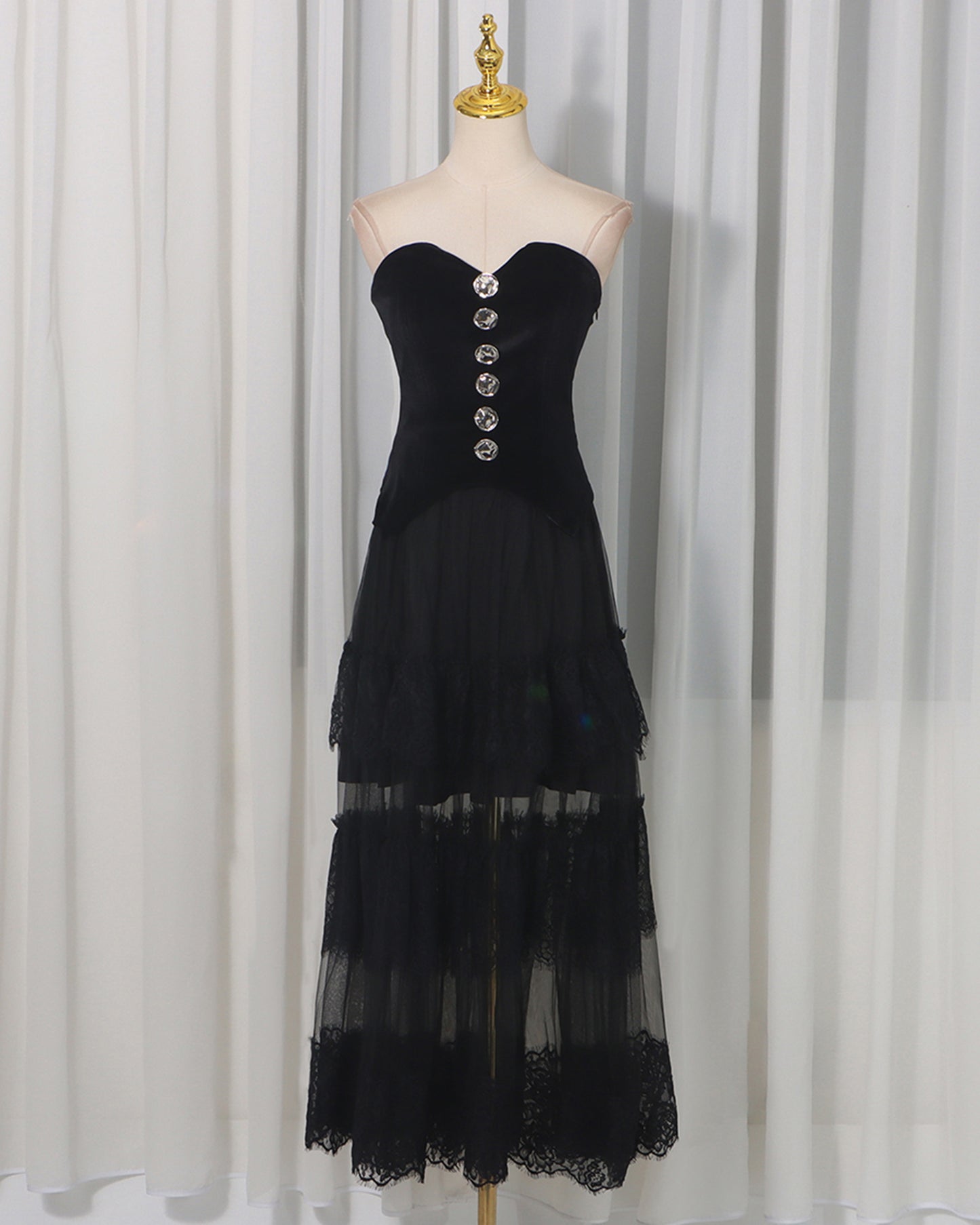 Black Strapless Lace Tiered Maxi Dress