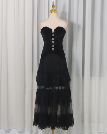 Black Strapless Lace Tiered Maxi Dress